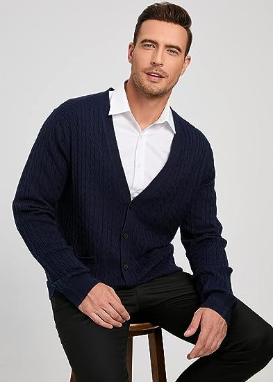 Men's Wool Blended Cardigan Sweaters V Neck Button Down Cardigans with Pockets