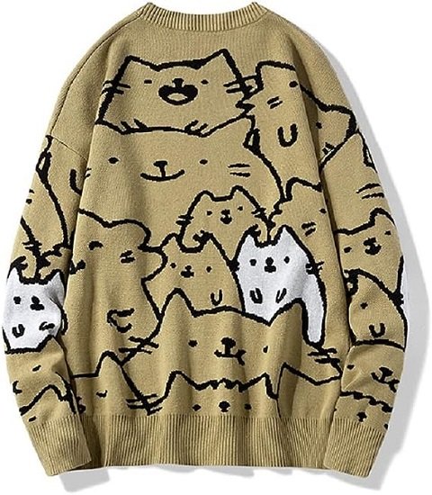 Autumn Cotton Anime Sweaters Men Vintage  Streetwear Cute Cat Cartoon Pullover Men Clothing