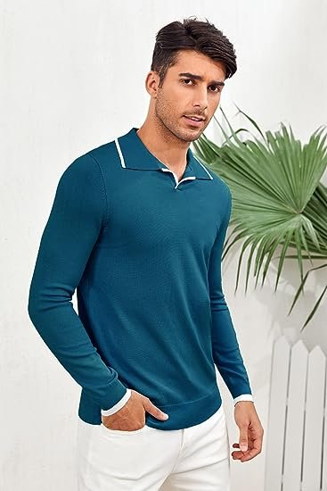 Mens Polo Sweater Long Sleeve Knitted Slim Fit Pullover V-Neck Casual Striped Knitwear Tops