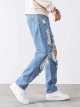Men's Cut Out Ripped Frayed Zipper Fly Long Straight Leg Denim Jeans